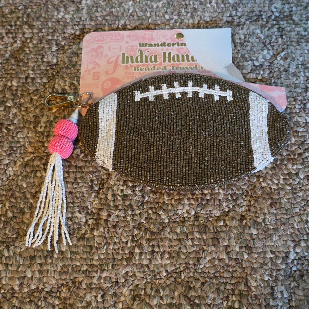 NEW Wandering Moon India Handmade Beaded Football Travel Clutch Brown White Pink